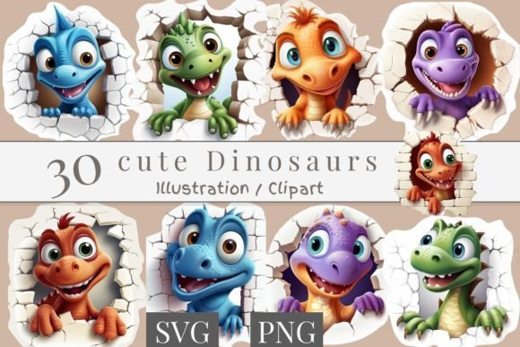 30 Cute Dinosaur Sticker, SVG, PNG 886: A Digital Clip Art Set for Creative Projects