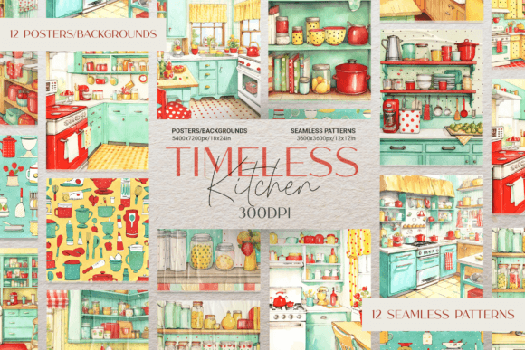 Retro Kitchen Posters and Patterns: A Versatile Creative Resource for Design Projects